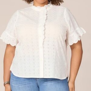 NEW Democracy Plus Size Short Sleeve Ruffle Stand Collar Button Front Woven Top
